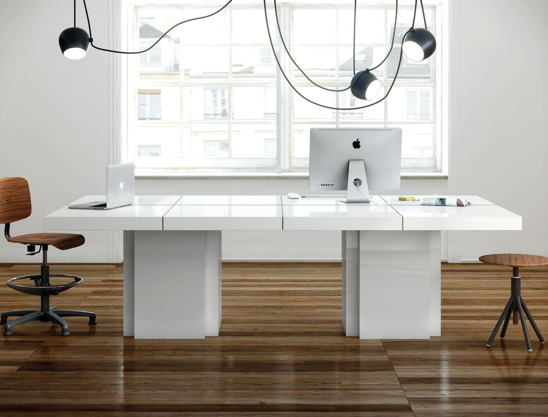 Table Temuhome Dusk avec pied central en bois et plateau finition Chocolate Veneer, Concrete Melamine, Walnut Melamine ou Glossy White