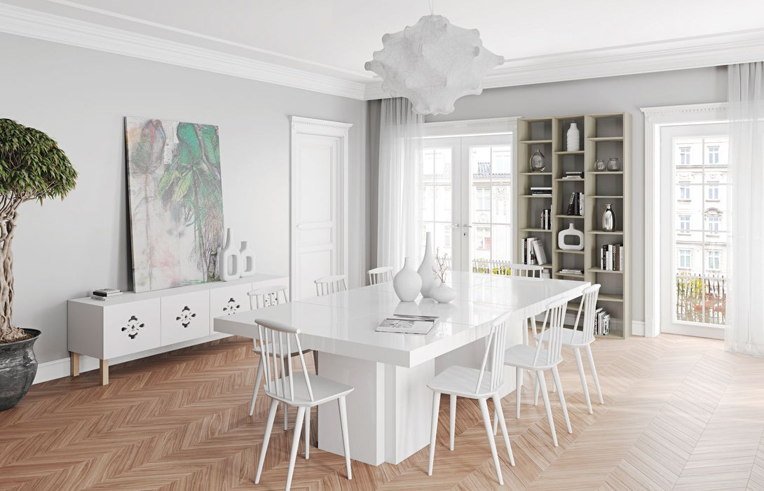 Table Temuhome Dusk avec pied central en bois et plateau finition Chocolate Veneer, Concrete Melamine, Walnut Melamine ou Glossy White