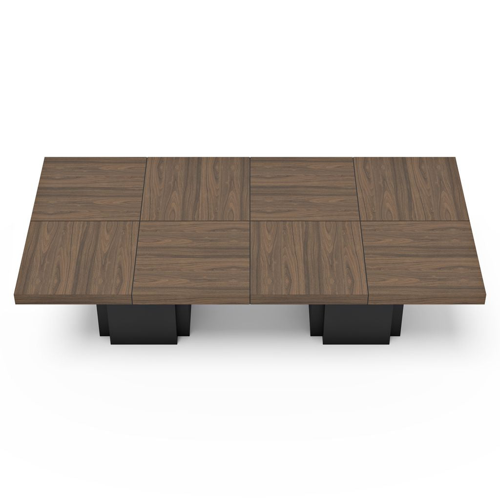 Table Temuhome Dusk avec pied central en bois et plateau finition Chocolate Veneer, Concrete Melamine, Walnut Melamine ou Glossy White