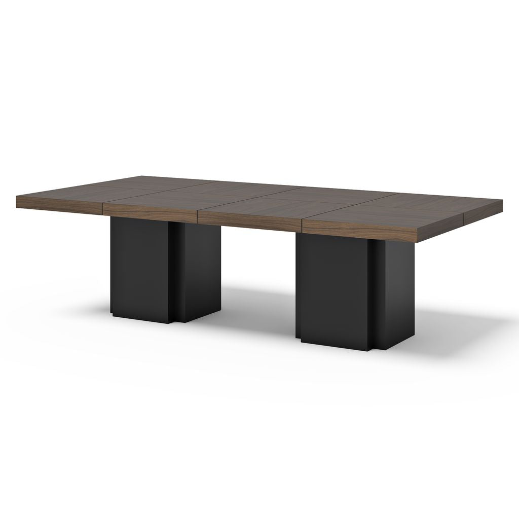 Table Temuhome Dusk avec pied central en bois et plateau finition Chocolate Veneer, Concrete Melamine, Walnut Melamine ou Glossy White