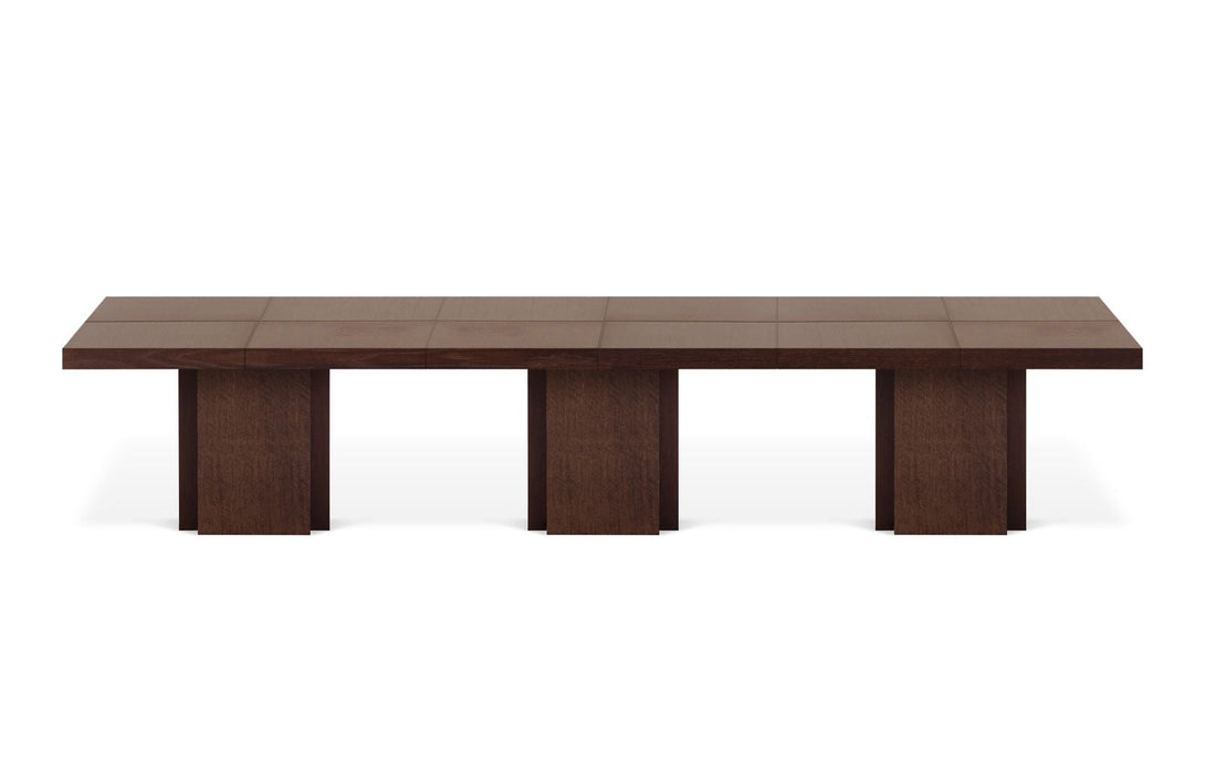 Table Temuhome Dusk avec pied central en bois et plateau finition Chocolate Veneer, Concrete Melamine, Walnut Melamine ou Glossy White