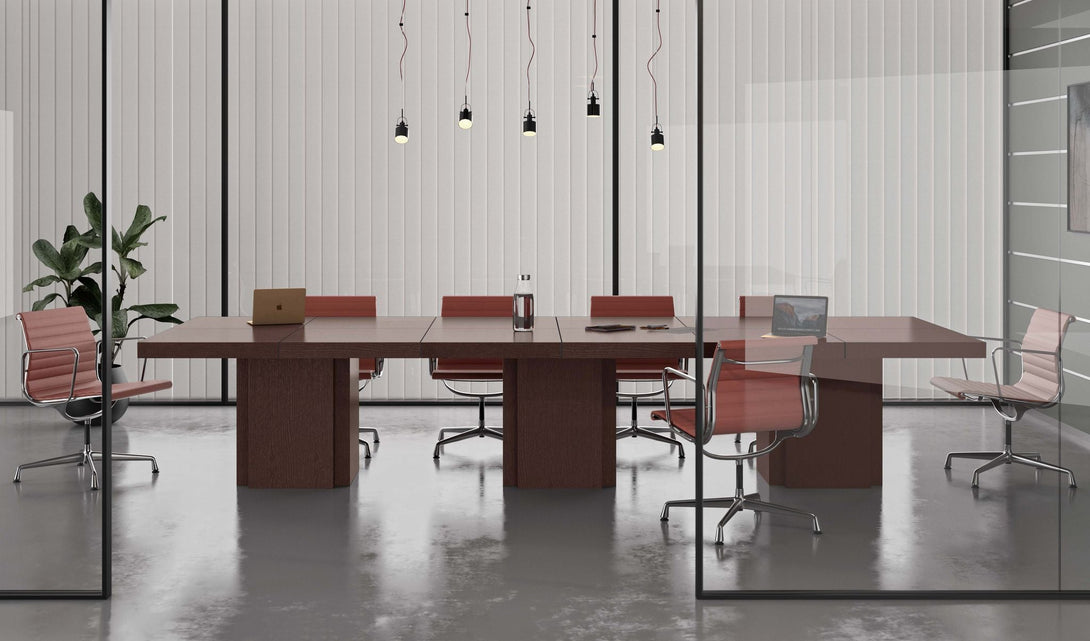 Table Temuhome Dusk avec pied central en bois et plateau finition Chocolate Veneer, Concrete Melamine, Walnut Melamine ou Glossy White