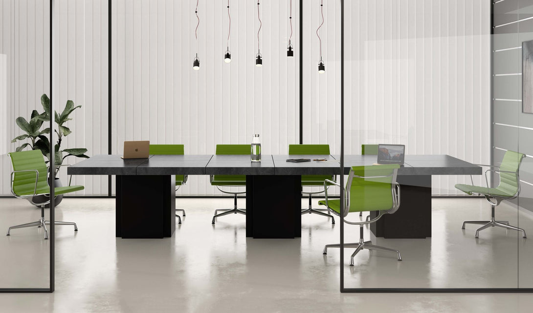 Table Temuhome Dusk avec pied central en bois et plateau finition Chocolate Veneer, Concrete Melamine, Walnut Melamine ou Glossy White