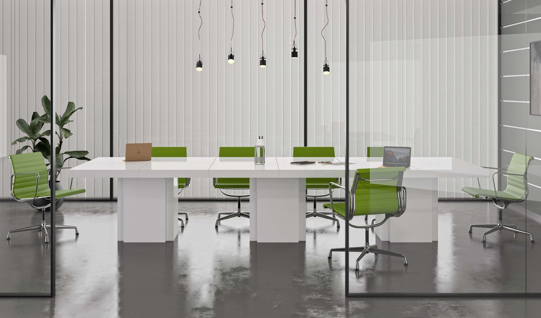 Table Temuhome Dusk avec pied central en bois et plateau finition Chocolate Veneer, Concrete Melamine, Walnut Melamine ou Glossy White