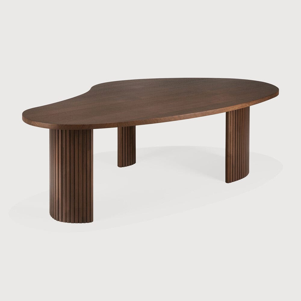 Table Ethnicraft Boomerang, plateau galet, base pliée, en teck marron