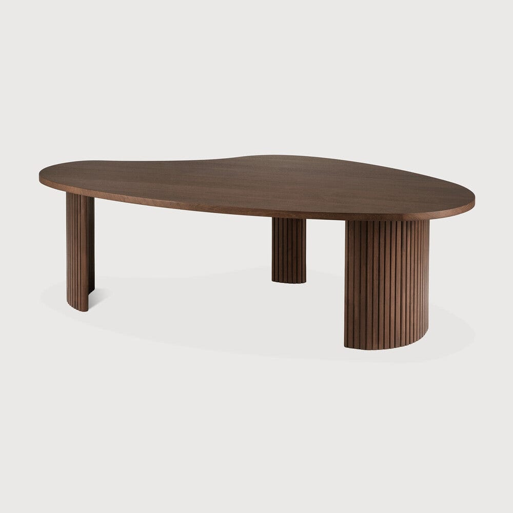 Table Ethnicraft Boomerang, plateau galet, base pliée, en teck marron