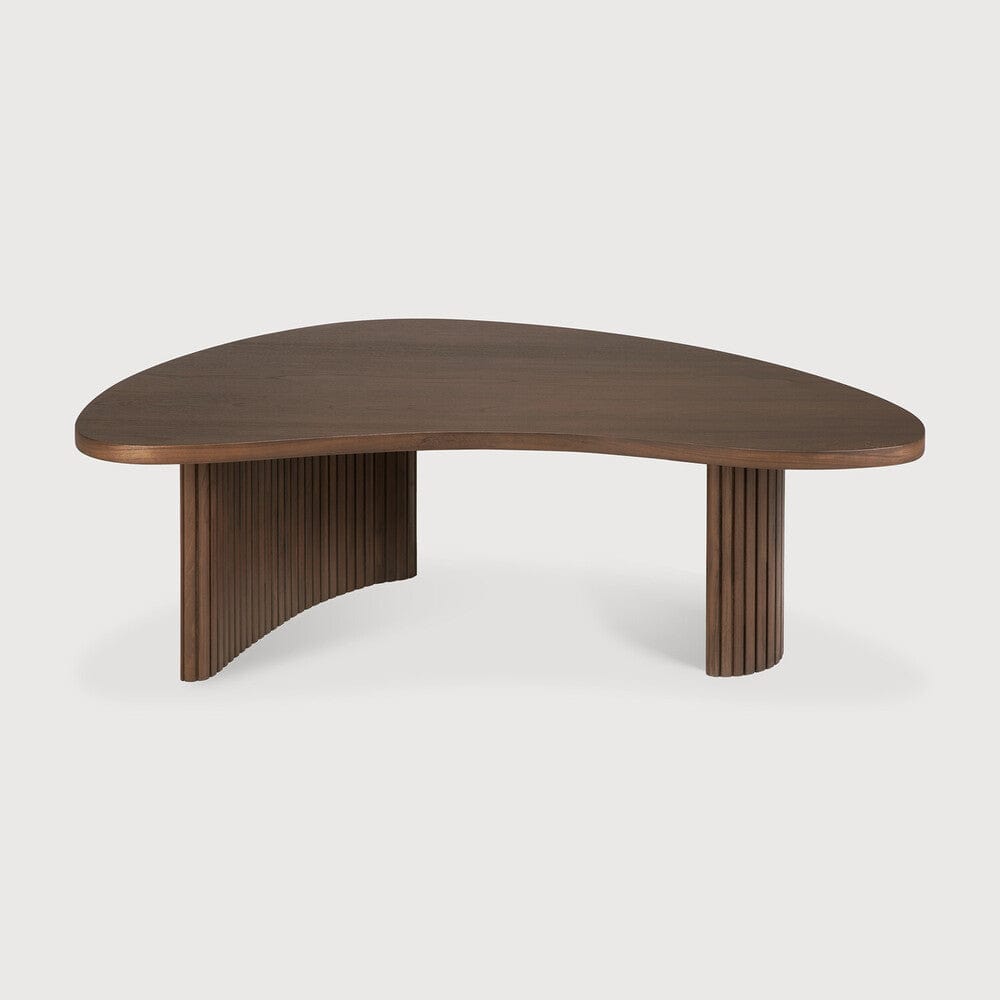 Table Ethnicraft Boomerang, plateau galet, base pliée, en teck marron