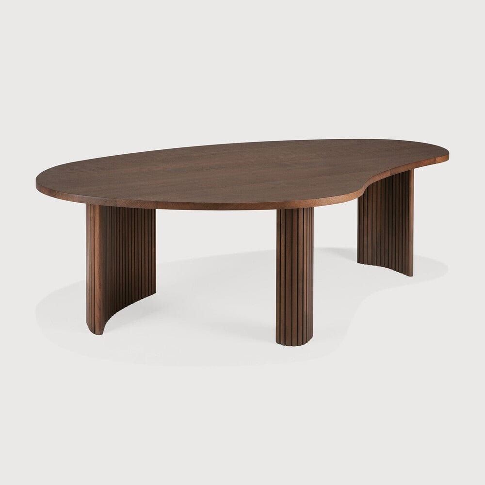 Table Ethnicraft Boomerang, plateau galet, base pliée, en teck marron