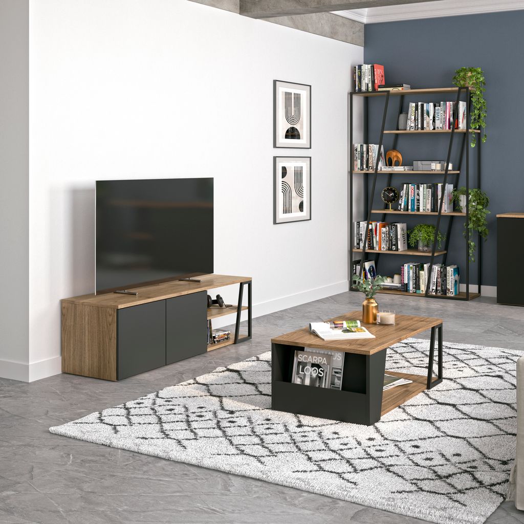 Bibliothèque Tema-Home Albi avec structure ouverte et finitions Concrete Melamine, Oak Veneer ou Walnut Veneer-17
