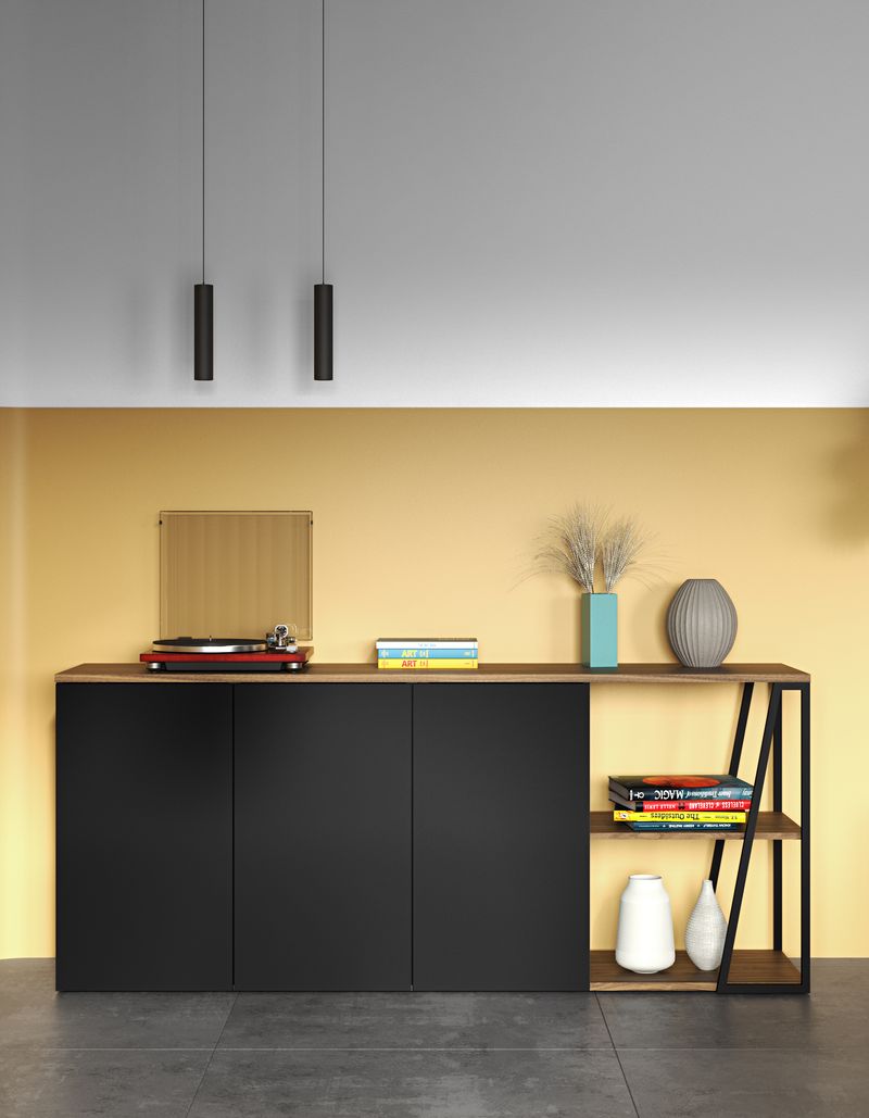 Buffet Temahome Albi avec structure métallique noire et finitions Concrete Melamine, Oak Veneer ou Walnut Veneer-13