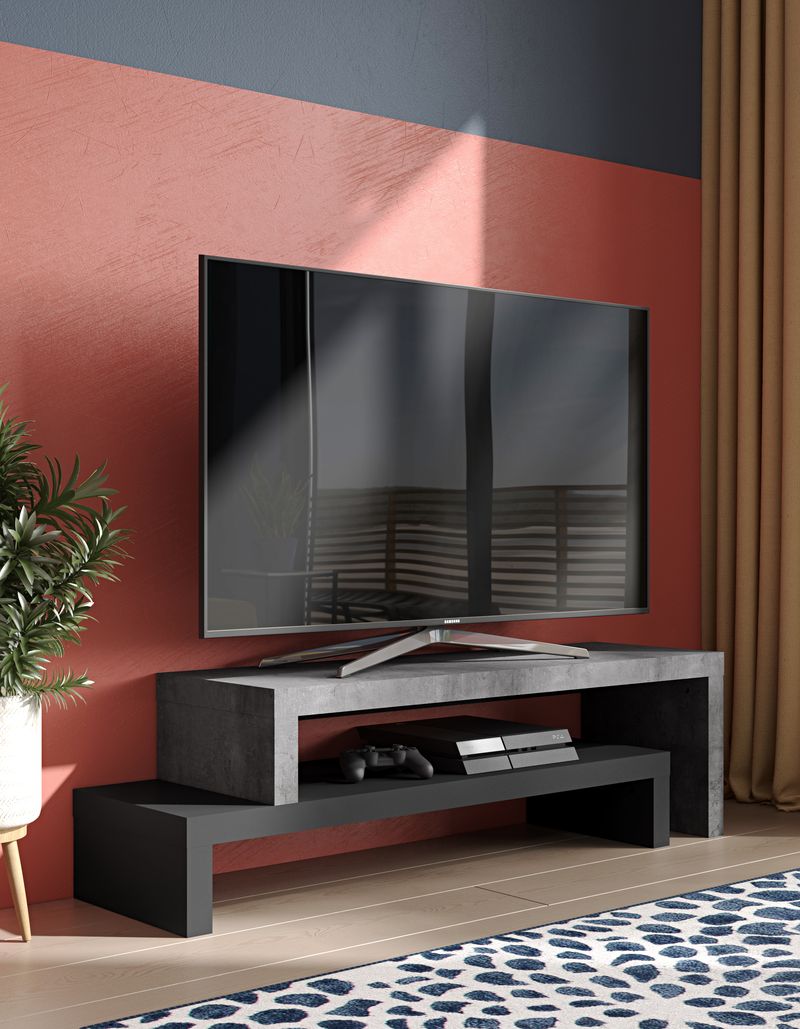 Meuble TV Temahome Cliff à deux niveaux avec finitions Concrete Melamine et White Laqué-02