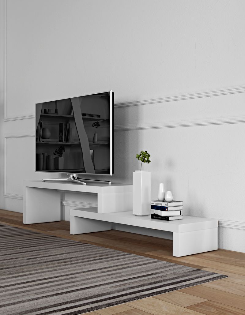 Meuble TV Temahome Cliff à deux niveaux avec finitions Concrete Melamine et White Laqué-08