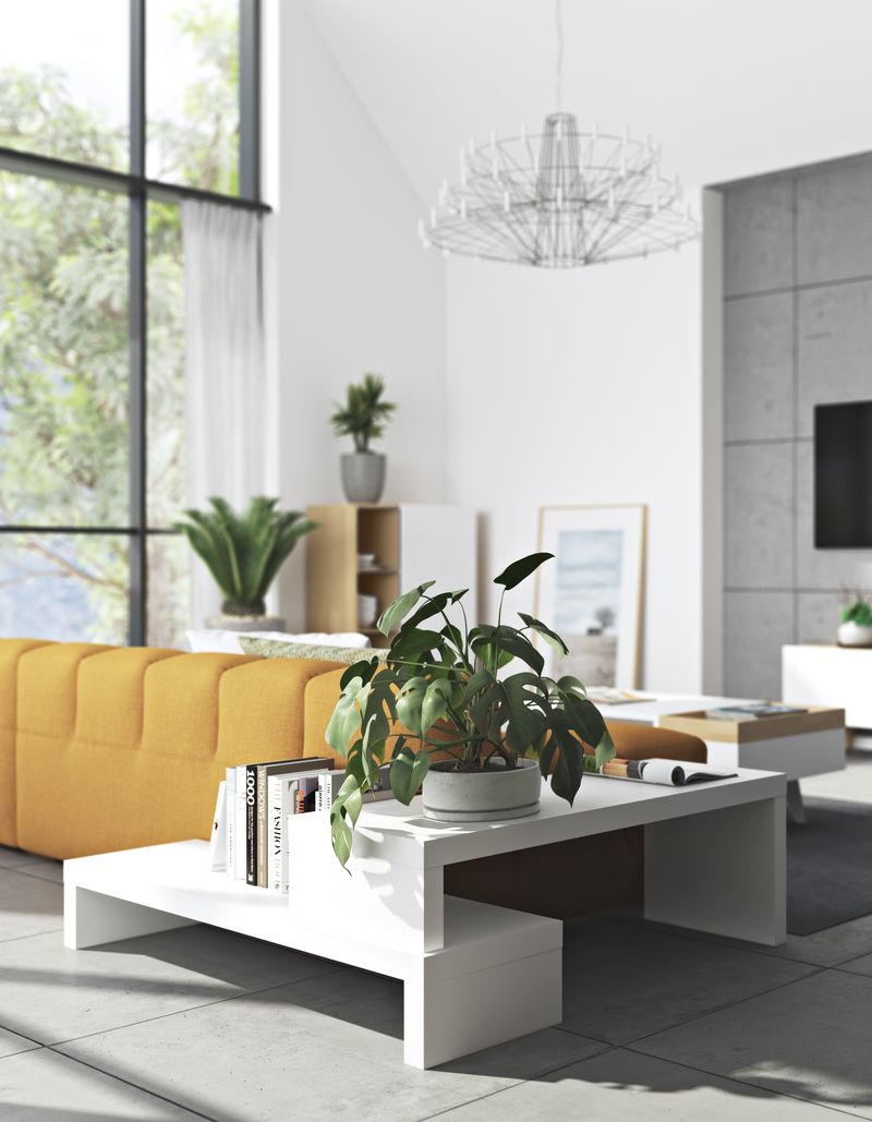 Meuble TV Temahome Cliff à deux niveaux avec finitions Concrete Melamine et White Laqué-09