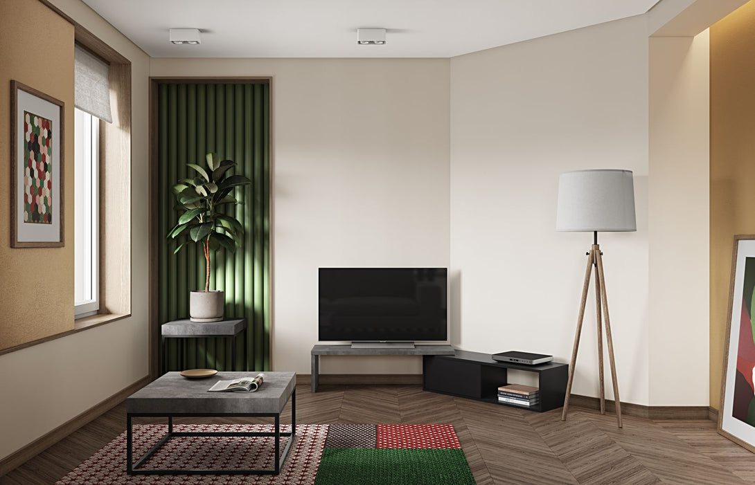 Meuble TV Temahome Move avec plateau coulissant en finition Walnut Veneer, Concrete Melamine ou White Laqué-02
