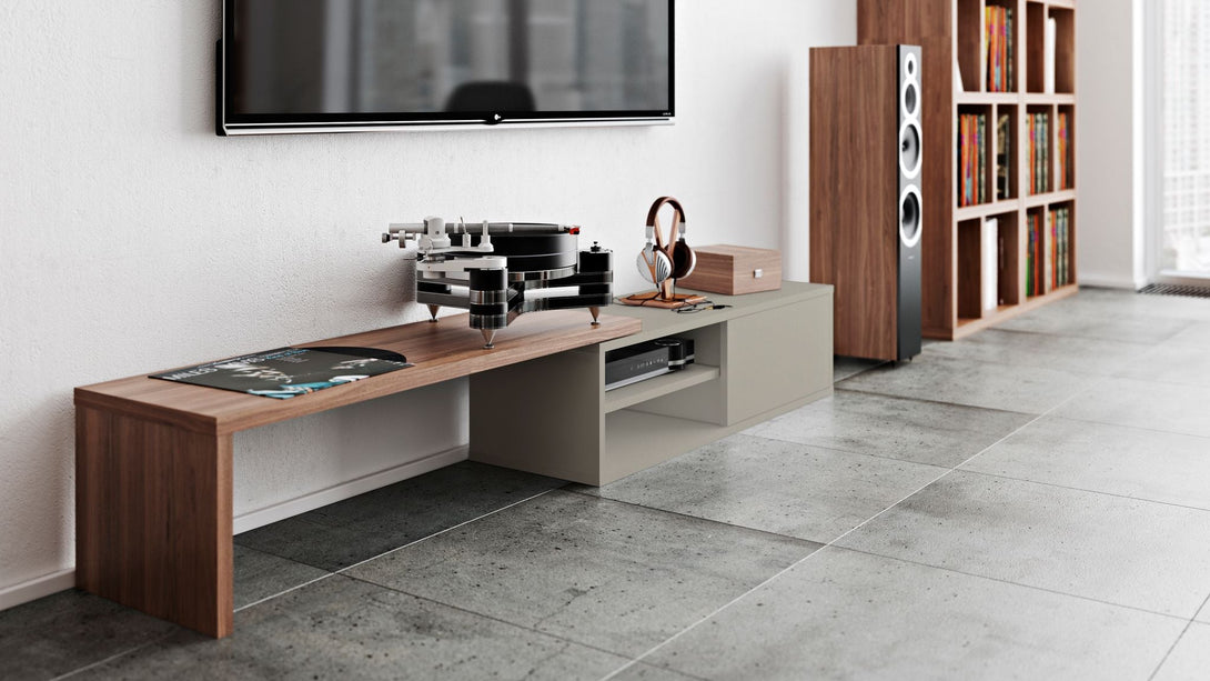 Meuble TV Temahome Move avec plateau coulissant en finition Walnut Veneer, Concrete Melamine ou White Laqué-10