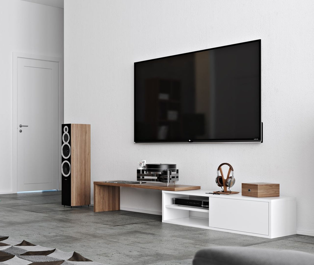 Meuble TV Temahome Move avec plateau coulissant en finition Walnut Veneer, Concrete Melamine ou White Laqué-16