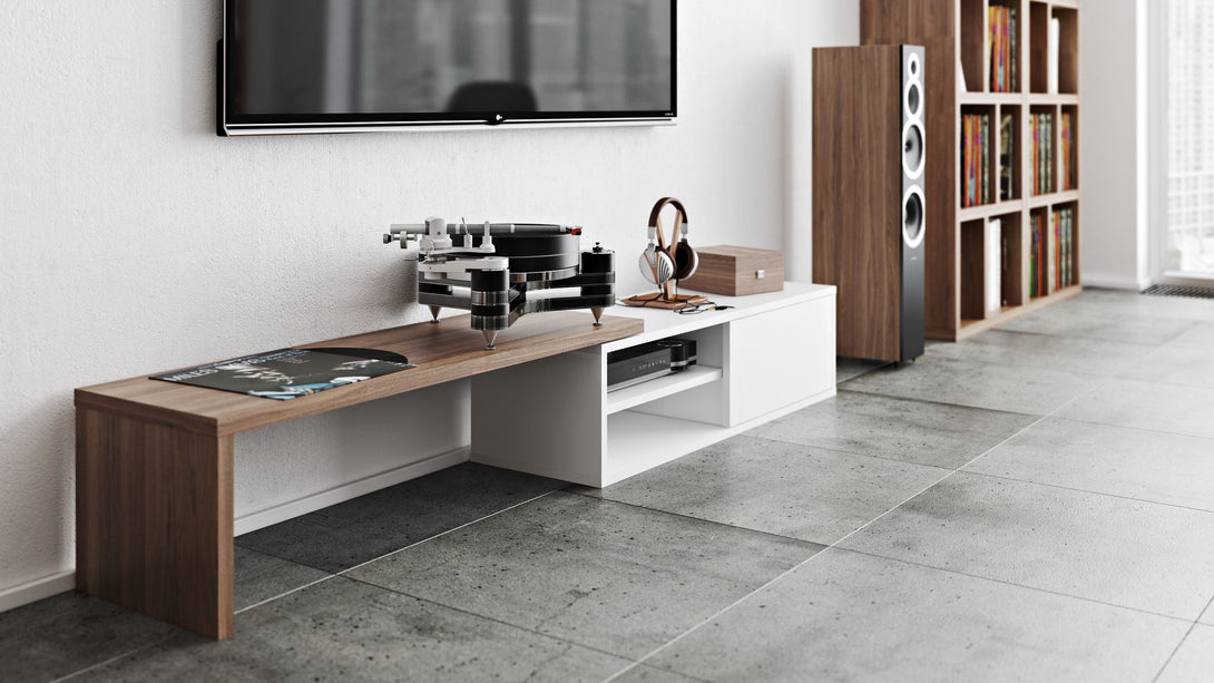 Meuble TV Temahome Move avec plateau coulissant en finition Walnut Veneer, Concrete Melamine ou White Laqué-17