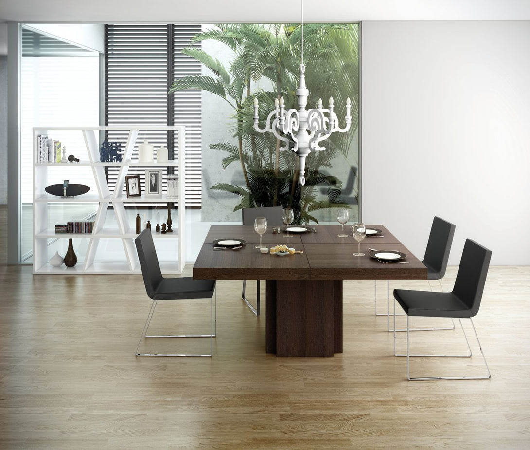 Table carrée Temahome Dusk avec pied central en bois et plateau finition Chocolate Veneer, Concrete Melamine, Glossy White ou Light Oak Melamine-02