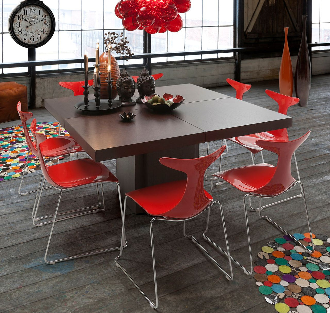 Table carrée Temahome Dusk avec pied central en bois et plateau finition Chocolate Veneer, Concrete Melamine, Glossy White ou Light Oak Melamine-03