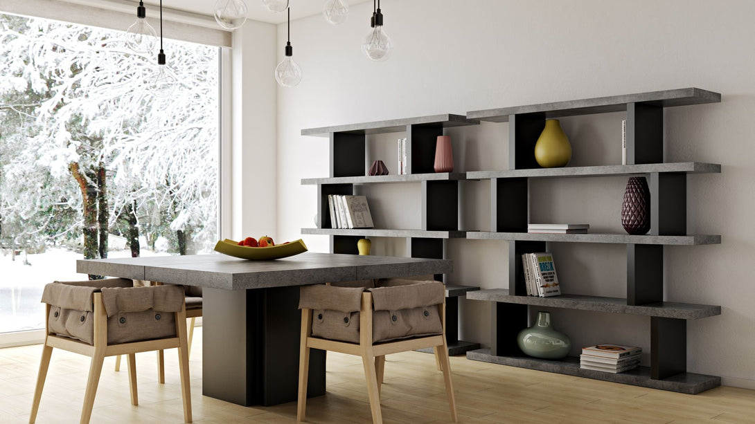 Table carrée Temahome Dusk avec pied central en bois et plateau finition Chocolate Veneer, Concrete Melamine, Glossy White ou Light Oak Melamine-05