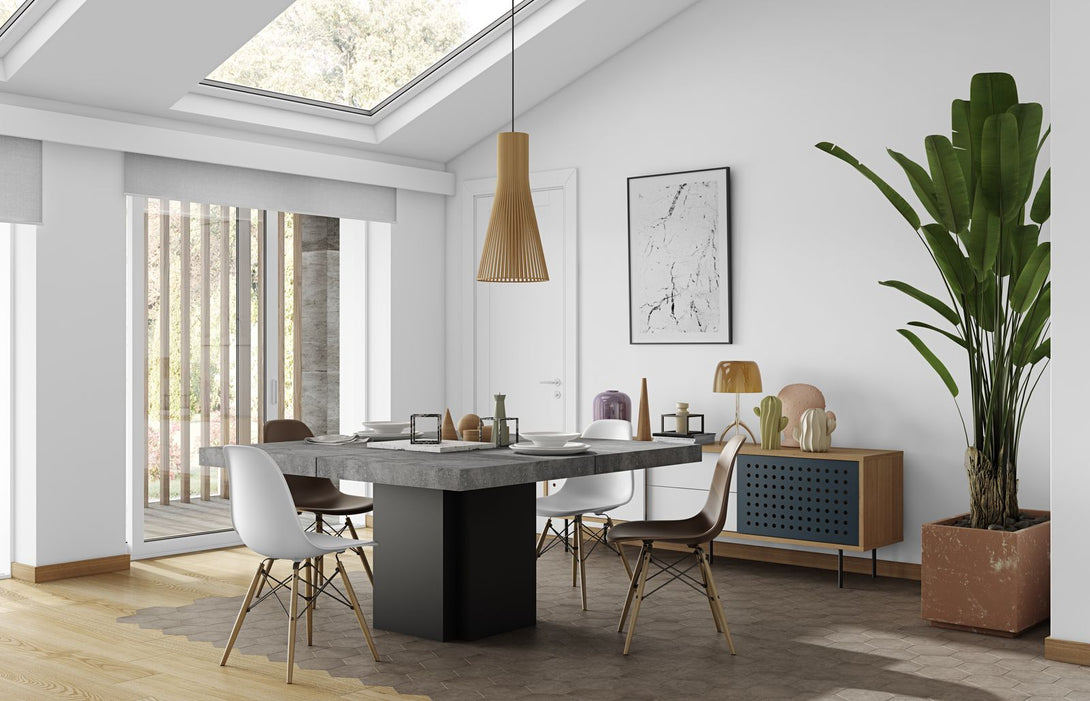 Table carrée Temahome Dusk avec pied central en bois et plateau finition Chocolate Veneer, Concrete Melamine, Glossy White ou Light Oak Melamine-07