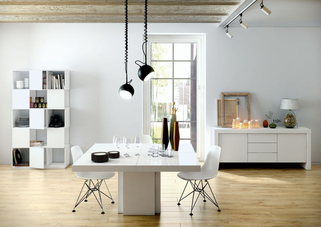 Table carrée Temahome Dusk avec pied central en bois et plateau finition Chocolate Veneer, Concrete Melamine, Glossy White ou Light Oak Melamine-10