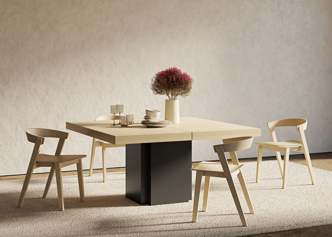Table carrée Temahome Dusk avec pied central en bois et plateau finition Chocolate Veneer, Concrete Melamine, Glossy White ou Light Oak Melamine-15