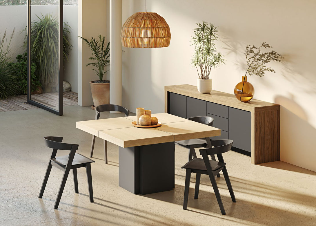 Table carrée Temahome Dusk avec pied central en bois et plateau finition Chocolate Veneer, Concrete Melamine, Glossy White ou Light Oak Melamine-16
