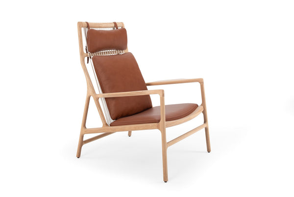 Fauteuil Gazzda Dedo Easy en bois massif avec assise en cuir Dakar Whisky et cordage blanc-12